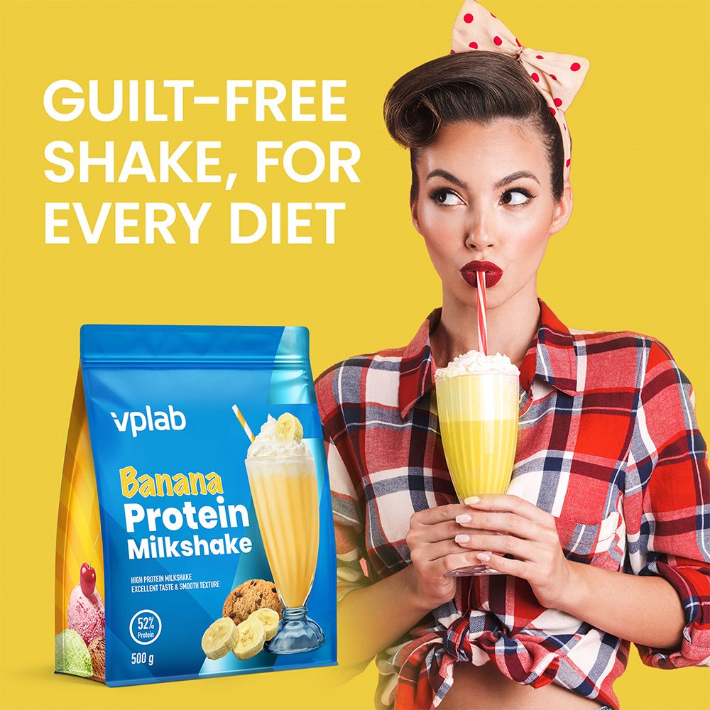 Donna con milkshake e confezione "Vplab". Testo: "GUILT-FREE SHAKE, FOR EVERY DIET".