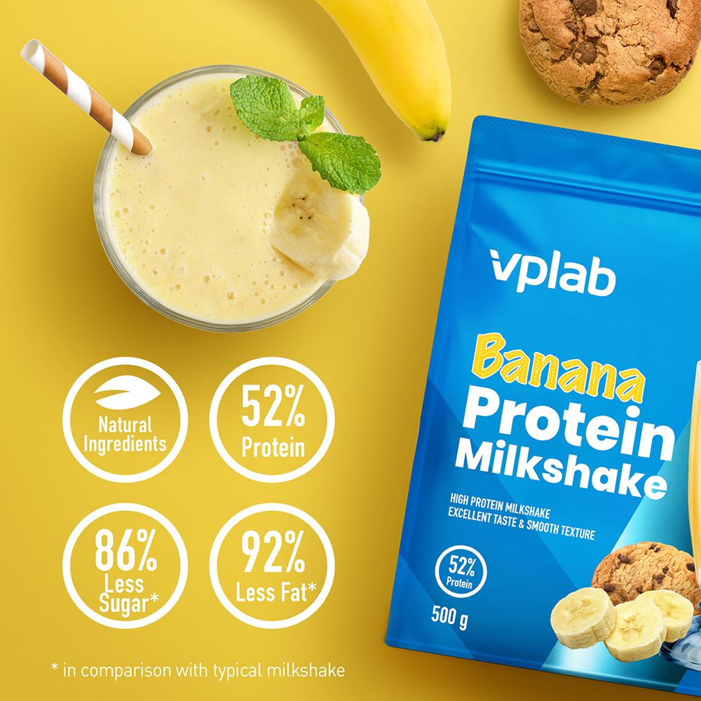 Sfondo giallo con milkshake, banana, biscotti e testo: "52% Protein", "86% Less Sugar", "92% Less Fat".