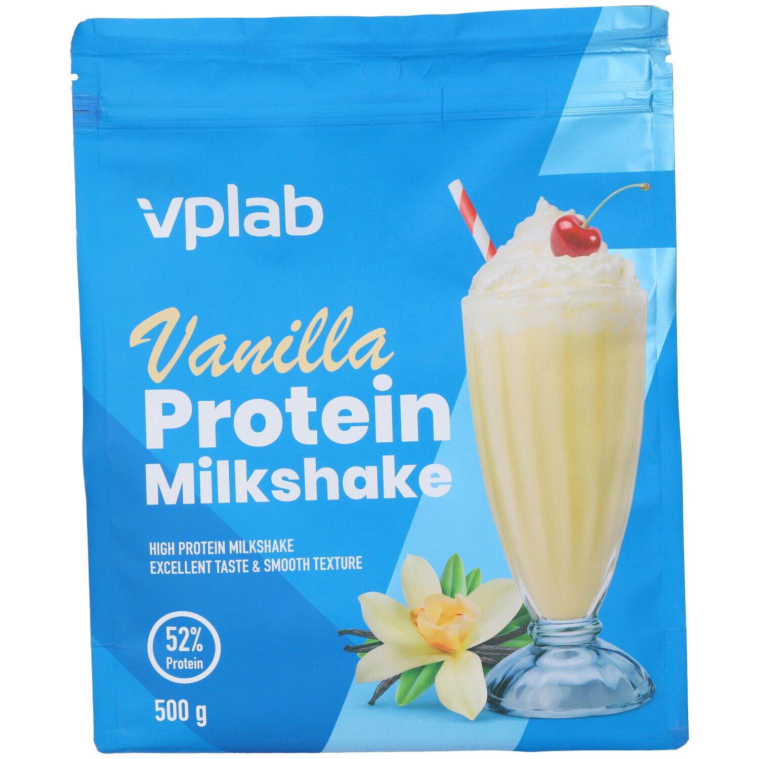 Busta blu « Vplab Vanilla Protein Milkshake ». Illustrazione di milkshake con ciliegia. 52% proteine, 500 g.