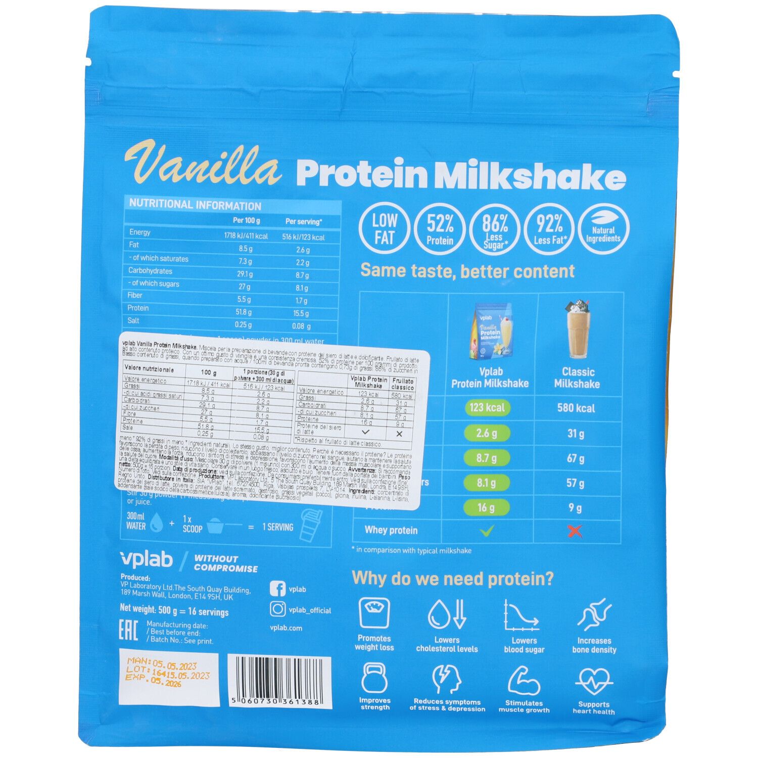 Retro della busta blu con informazioni nutrizionali e ingredienti. Contiene informazioni su grassi, proteine e carboidrati.