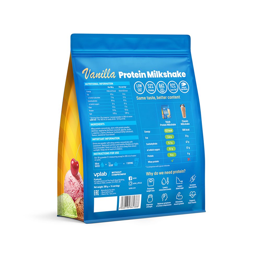 Retro della busta blu con informazioni nutrizionali e ingredienti. Contiene informazioni su grassi, proteine e carboidrati.