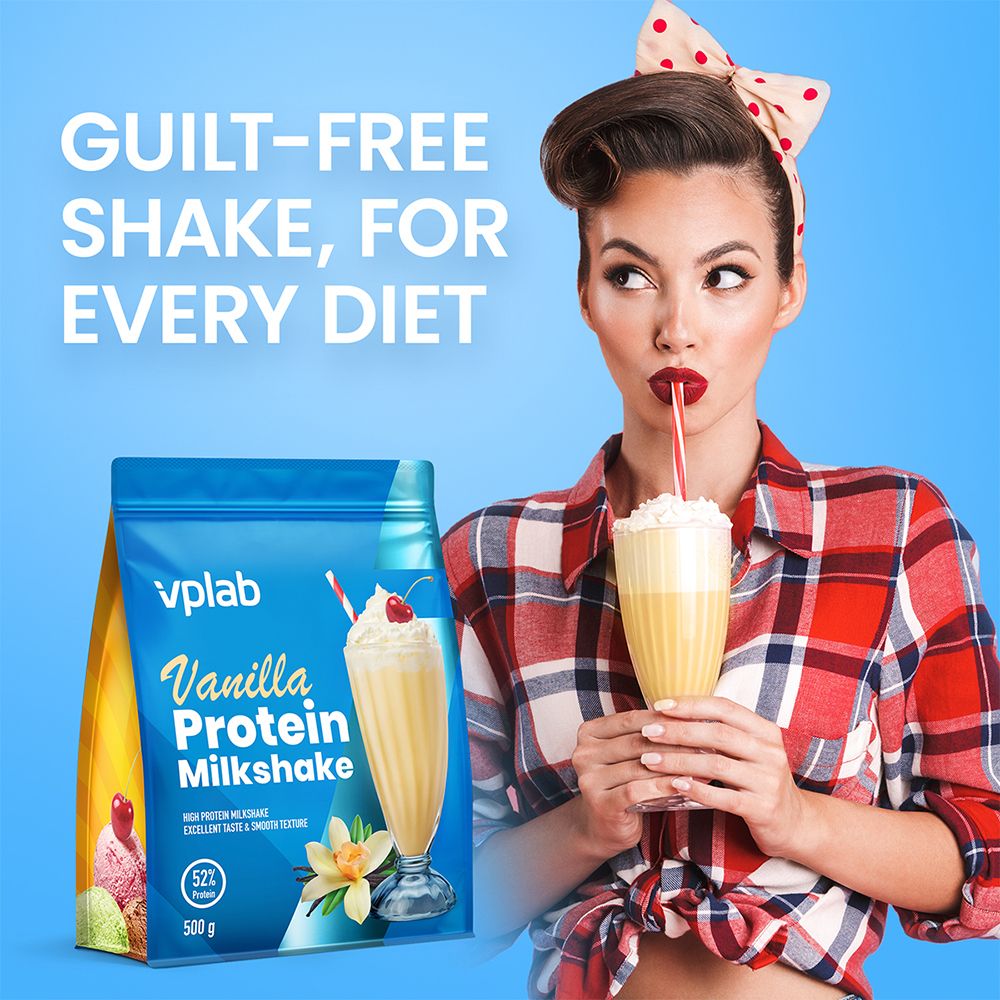 Donna che beve un milkshake. Accanto, una busta « Vplab Vanilla Protein Milkshake ». Scritta: « GUILT-FREE SHAKE, FOR EVERY DIET ».