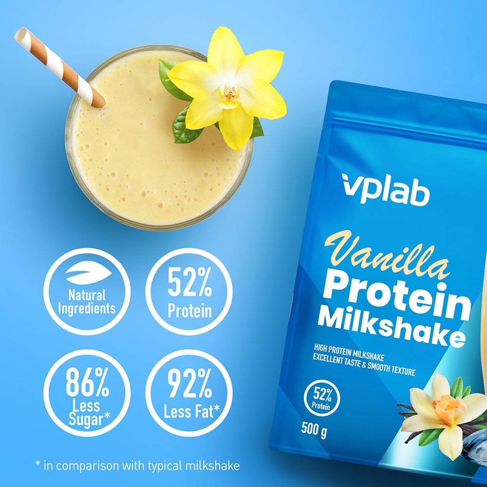 Milkshake in un bicchiere con cannuccia. Accanto, una busta « Vplab Vanilla Protein Milkshake ». Scritta: 52% proteine, 86% meno zucchero.