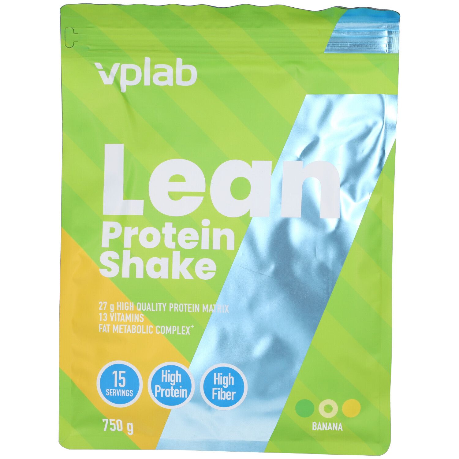 Confezione verde con scritta "vplab" e "Lean Protein Shake". Contiene 15 porzioni, 750g, High Protein, High Fiber, gusto banana.