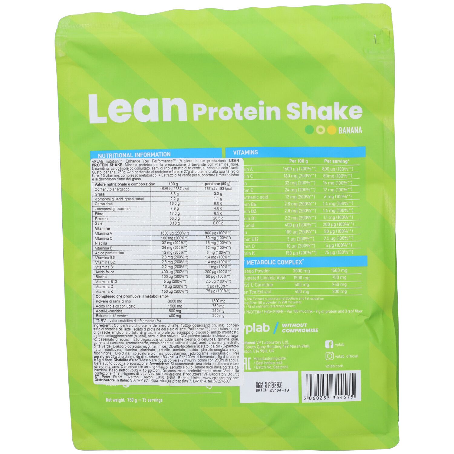 Retro della confezione verde con informazioni nutrizionali e lista ingredienti. Contiene informazioni su vitamine e complesso metabolico.