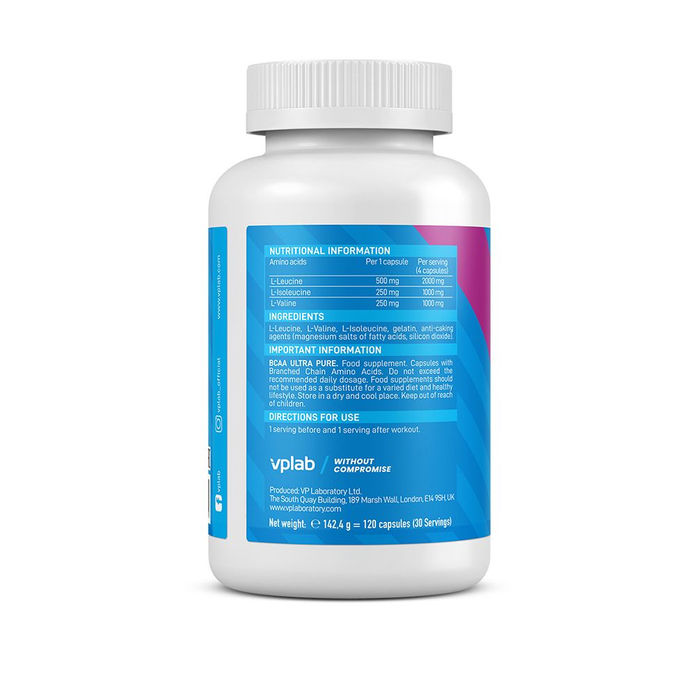 Retro del flacone bianco. Contiene informazioni nutrizionali e ingredienti. Marchio: vplab. Contiene 120 capsule.