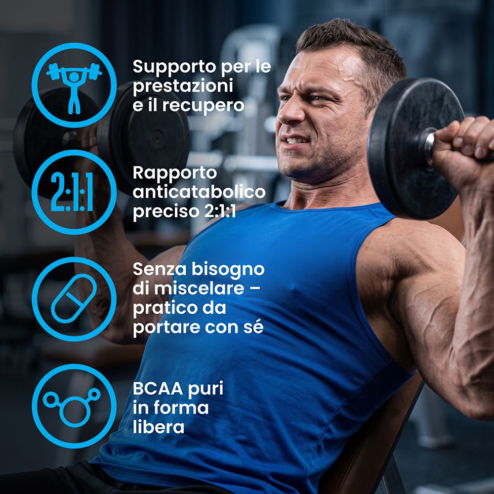 Uomo solleva pesi, supportato da icone per prestazioni, rapporto 2:1:1, capsule e BCAA.