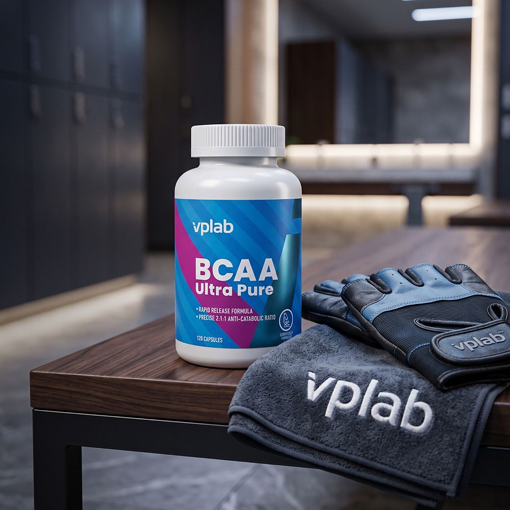 Contenitore di capsule VPLab BCAA Ultra Pure con guanti da allenamento e asciugamano.
