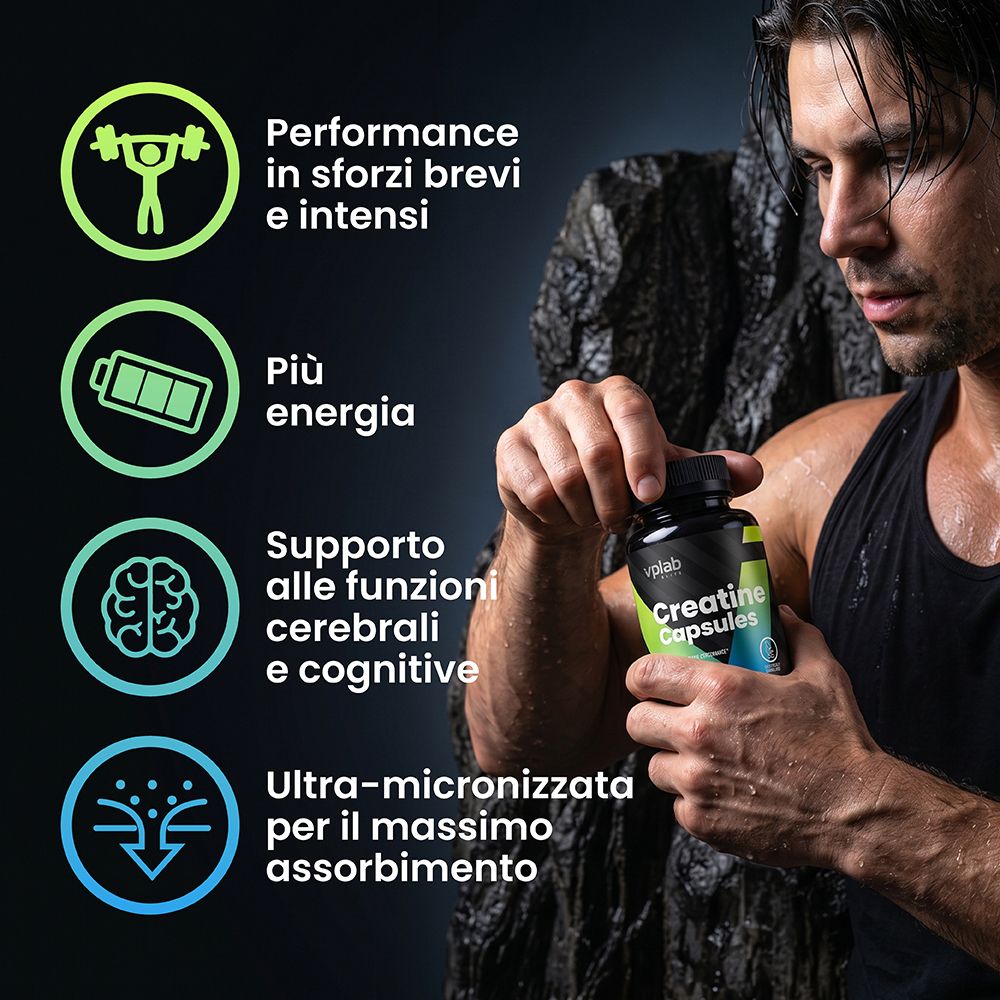 Uomo tiene una confezione di 'Creatine Capsules'. A sinistra, icone e testi su performance, energia, funzioni cerebrali e assorbimento.