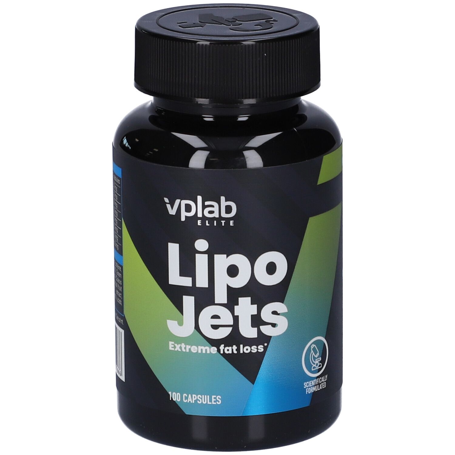 Flacone VPLAB Lipo Jets. Flacone nero con testo bianco. Contiene 100 capsule. Formulato scientificamente.