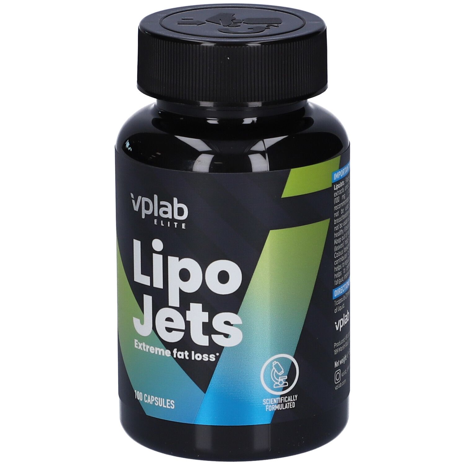 Flacone VPLAB Lipo Jets. Flacone nero con testo bianco. Contiene 100 capsule. Formulato scientificamente.