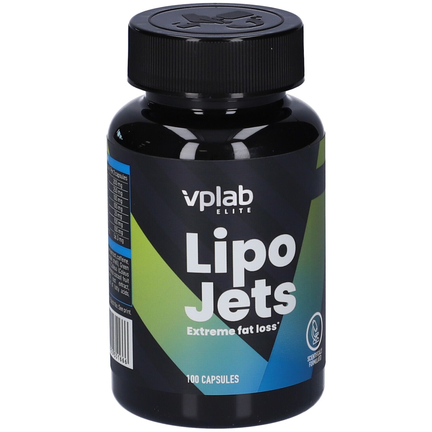 Flacone e confezione VPLAB Lipo Jets. Flacone e scatola neri con testo bianco. 100 capsule.
