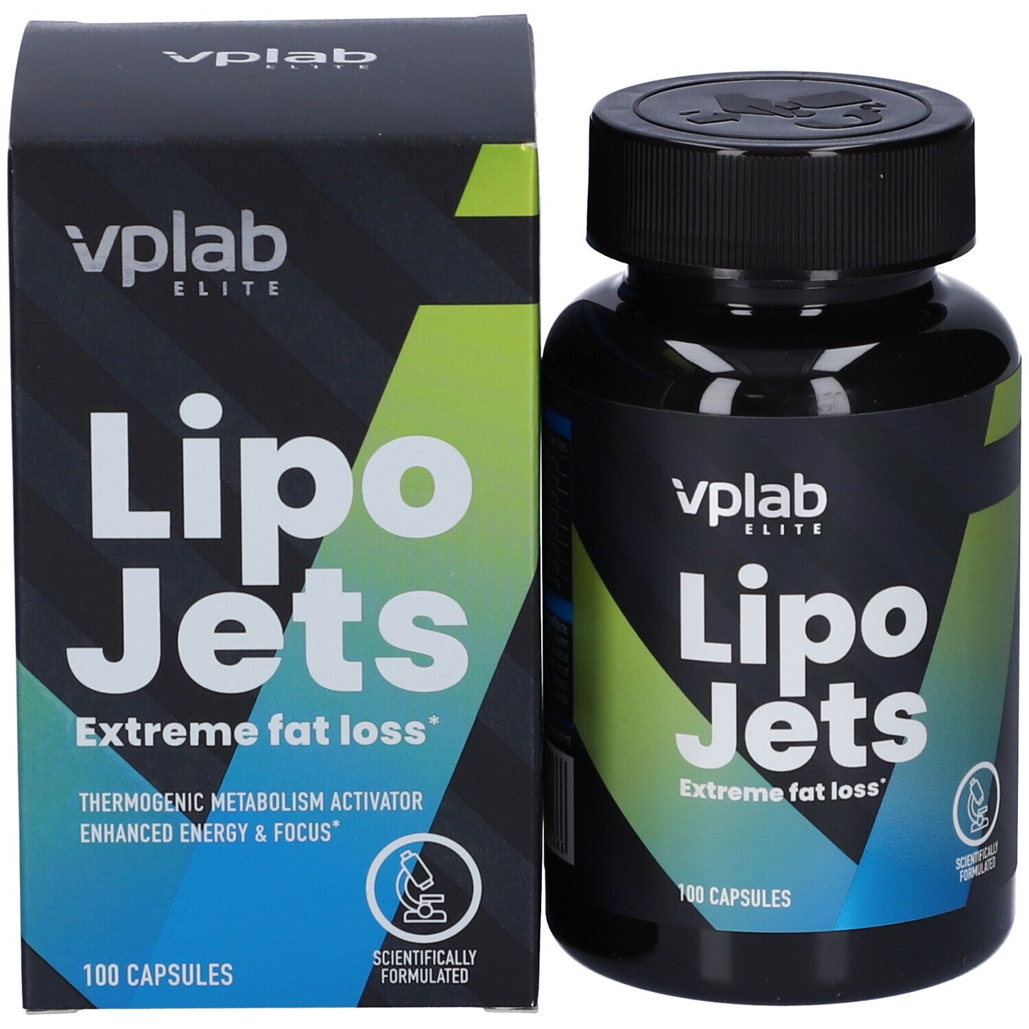 Flacone e confezione VPLAB Lipo Jets. Flacone e scatola neri con testo bianco. 100 capsule.