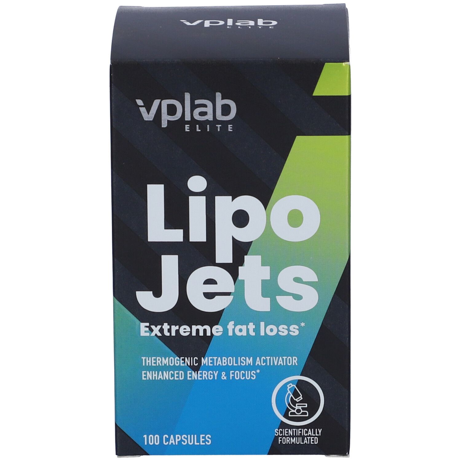 Confezione VPLAB Lipo Jets. Scatola nera con testo bianco. Contiene 100 capsule. Formulato scientificamente.