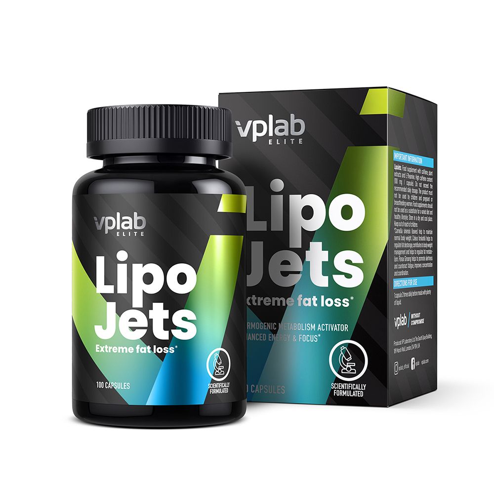 Flacone e confezione VPLAB Lipo Jets. Flacone e scatola neri con testo bianco. 100 capsule.