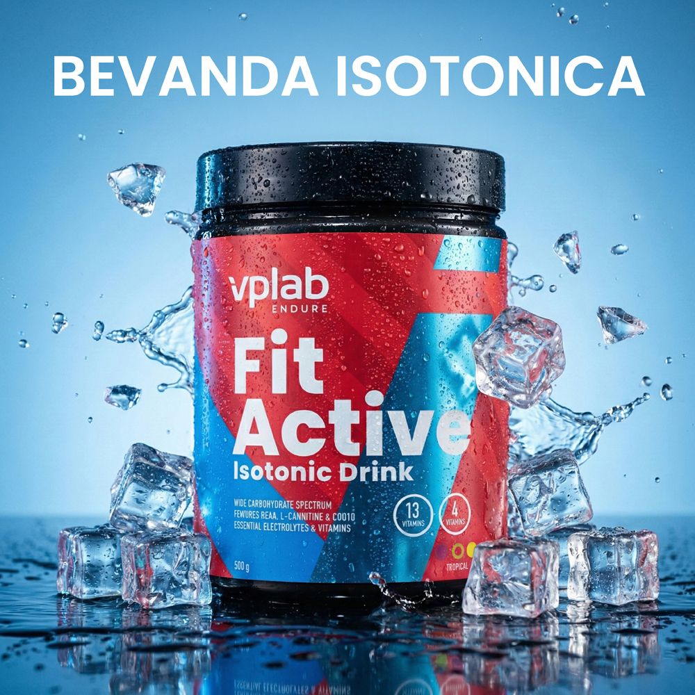 Vplab Fit Active Isotonic Drink in polvere in un contenitore rosso e blu, circondato da cubetti di ghiaccio e spruzzi d'acqua.