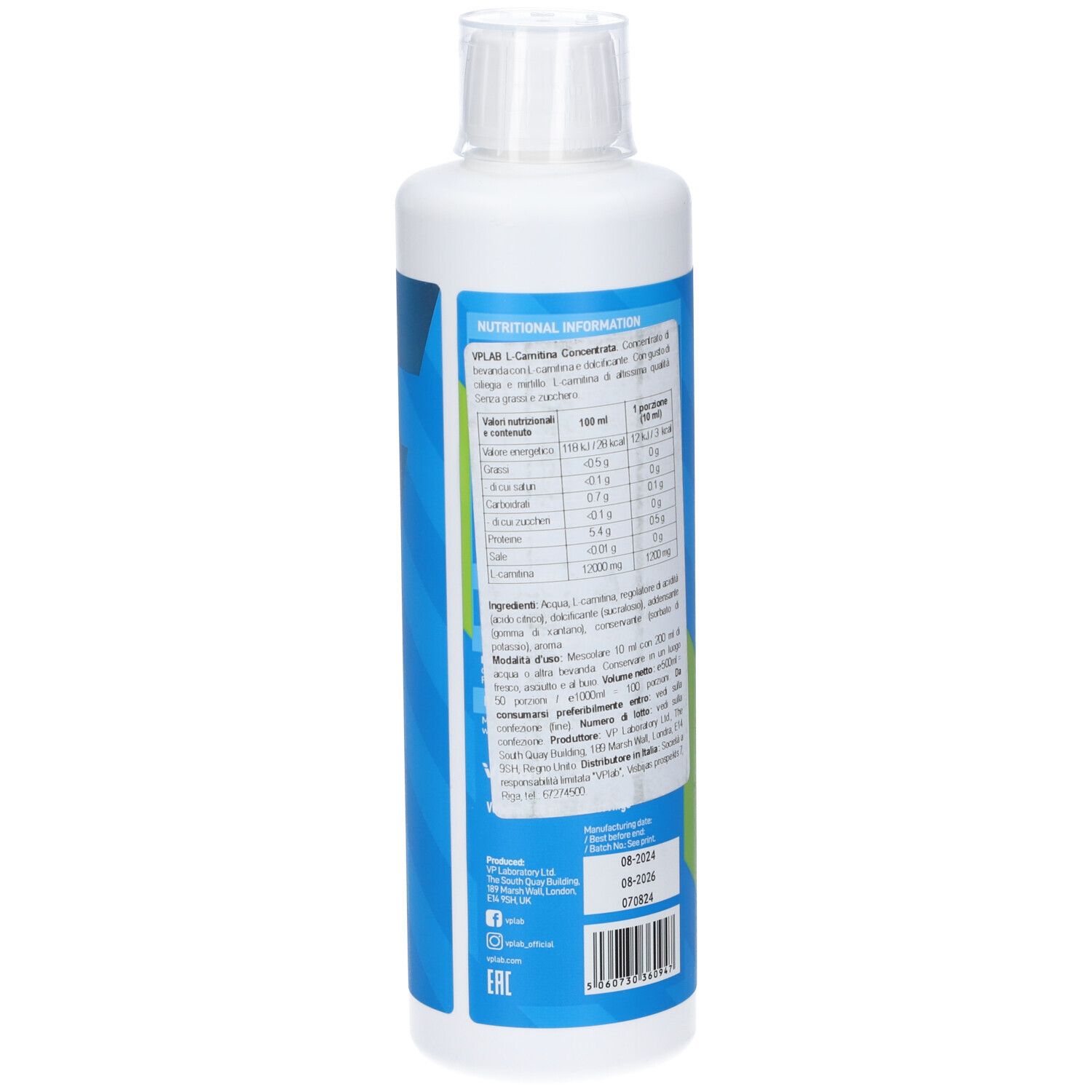 Bottiglia bianca con etichetta blu. Scritta: VPLAB L-Carnitine Concentrate. Cherry-Blueberry. Senza grassi, senza zuccheri. 50 porzioni.
