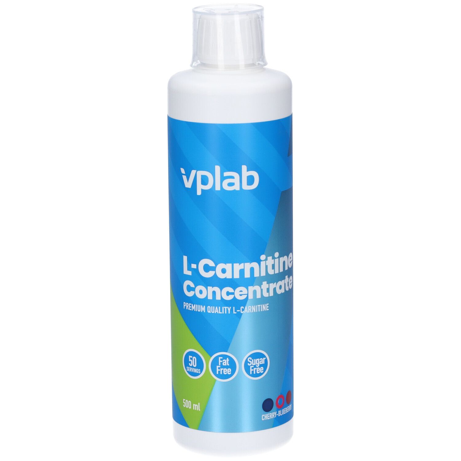 Bottiglia bianca con etichetta blu. Scritta: VPLAB L-Carnitine Concentrate. Cherry-Blueberry. Senza grassi, senza zuccheri. 50 porzioni.