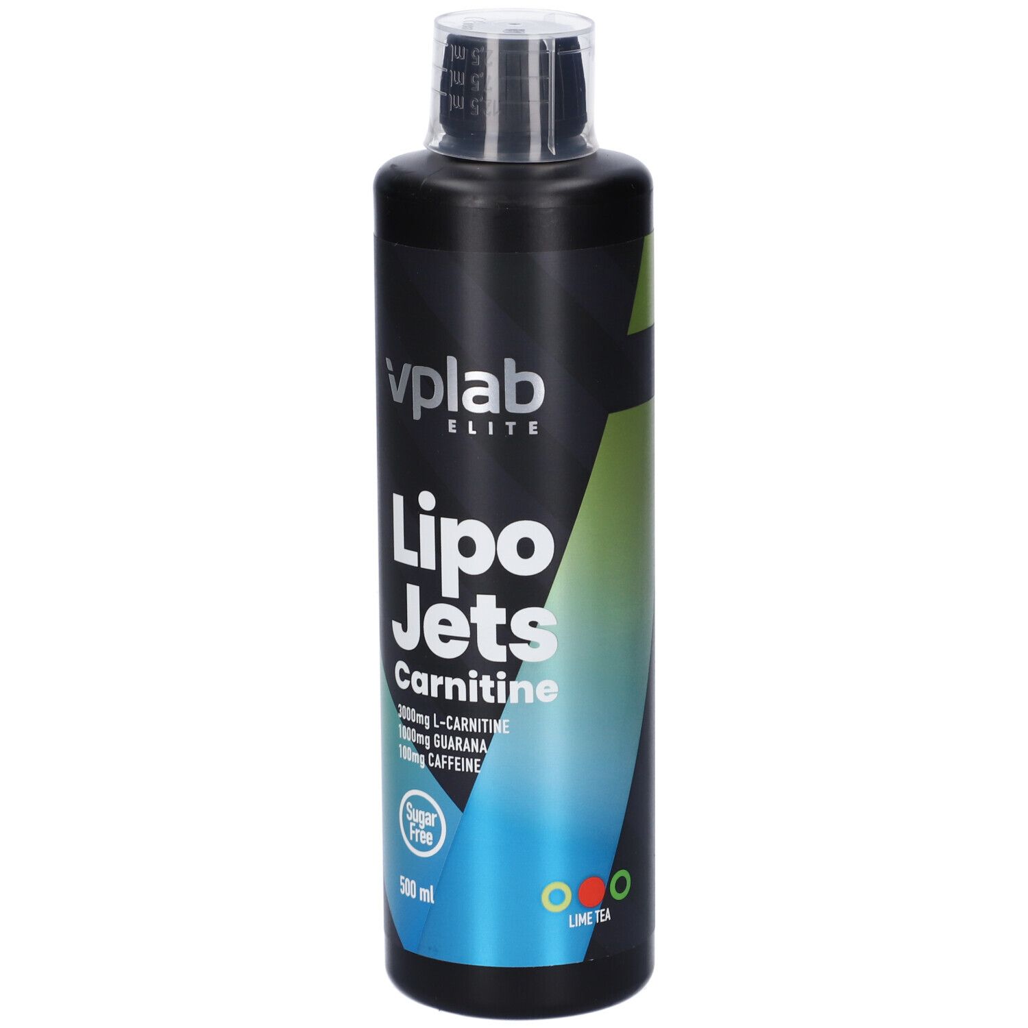 Bottiglia nera con tappo bianco. Scritta: Lipo Jets Carnitine, 500 mg L-Carnitina, 100 mg Guaranà, 100 mg Caffeina, Lime Tea.