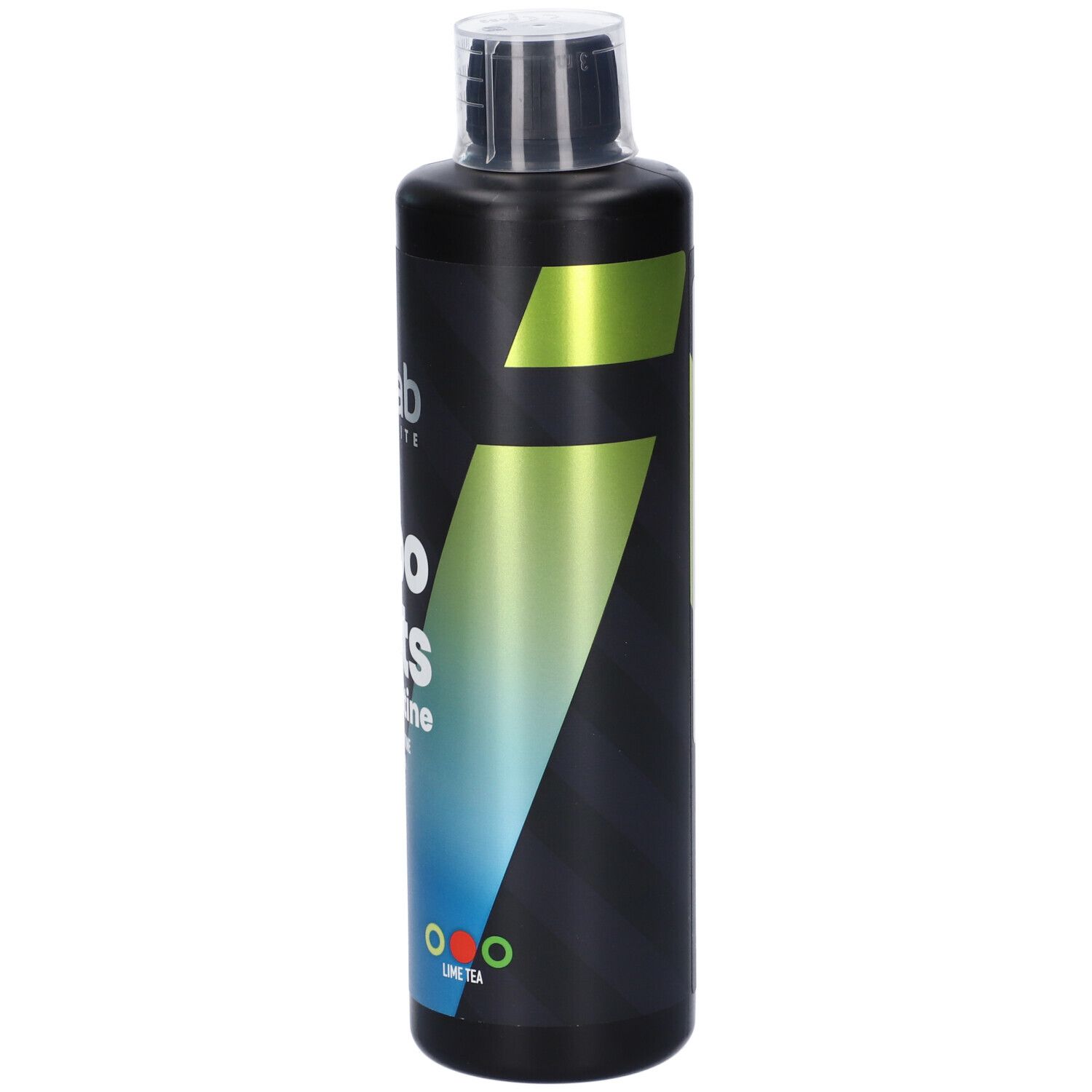 Bottiglia nera con tappo bianco. Scritta: Lipo Jets Carnitine, 500 mg L-Carnitina, 100 mg Guaranà, 100 mg Caffeina, Lime Tea.