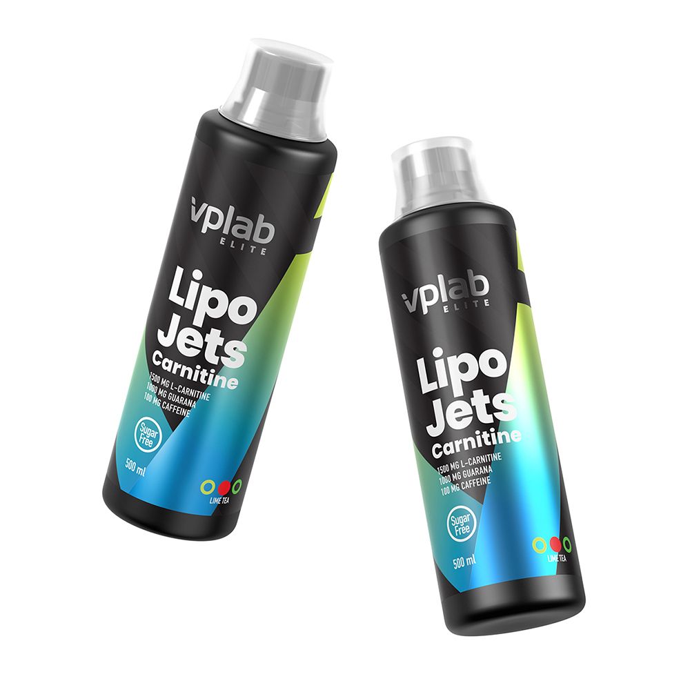 Due bottiglie nere con tappo bianco. Scritta: Lipo Jets Carnitine, 500 mg L-Carnitina, 100 mg Guaranà, 100 mg Caffeina.
