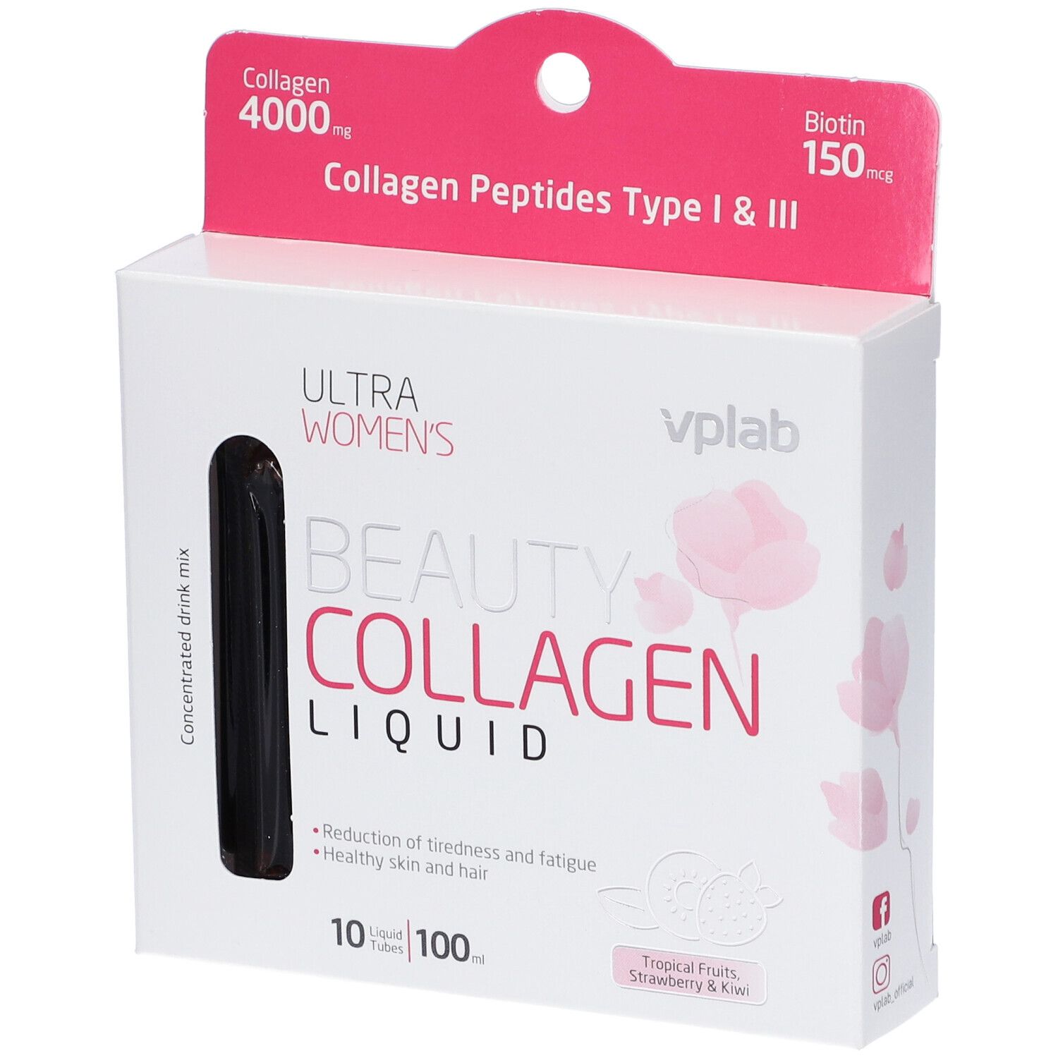 Scatola bianca con dettagli rosa. Scritto: Beauty Collagen Liquid. Contiene 10 fiale bevibili. Con collagene e biotina.