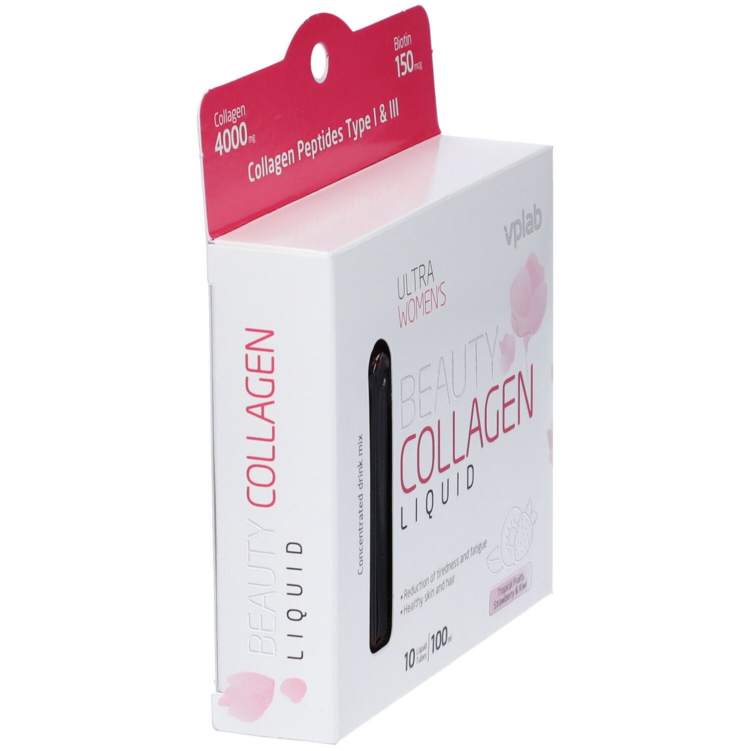 Scatola bianca con dettagli rosa. Scritto: Beauty Collagen Liquid. Contiene 10 fiale bevibili. Con collagene e biotina.