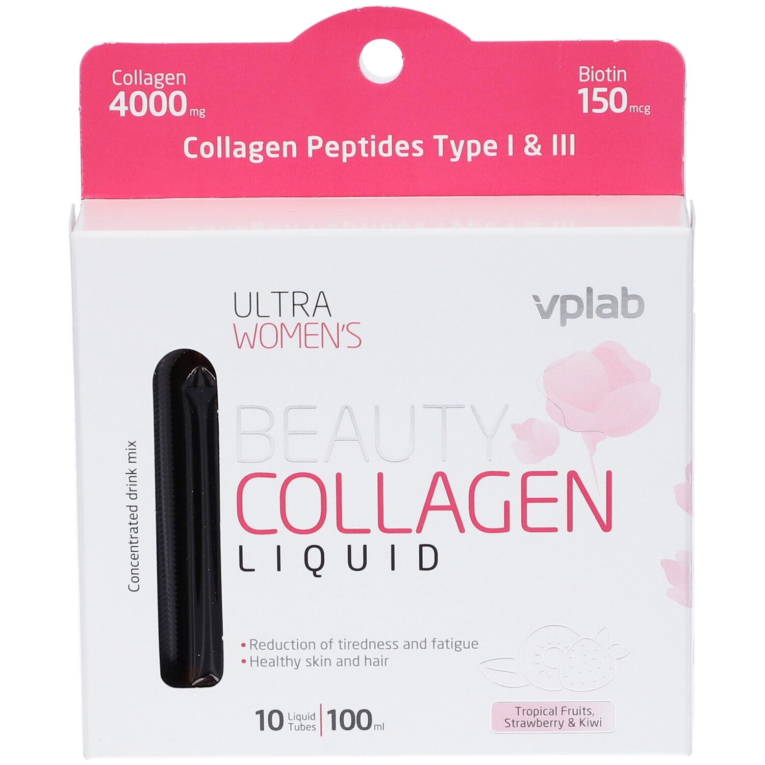 Scatola bianca con dettagli rosa. Scritto: Beauty Collagen Liquid. Contiene 10 fiale bevibili. Con collagene e biotina.