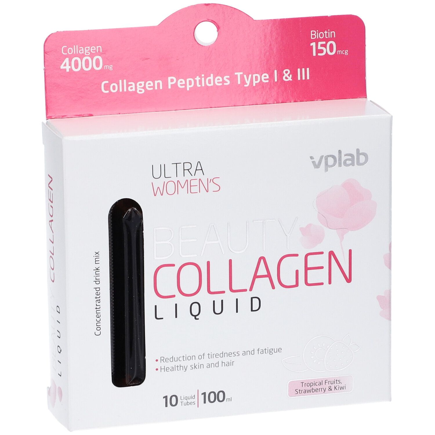 Scatola bianca con dettagli rosa. Scritto: Beauty Collagen Liquid. Contiene 10 fiale bevibili. Con collagene e biotina.