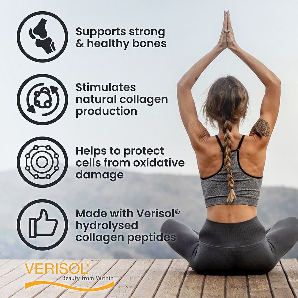 Grafico con informazioni sui benefici del collagene. Supporta le ossa, stimola la produzione di collagene.