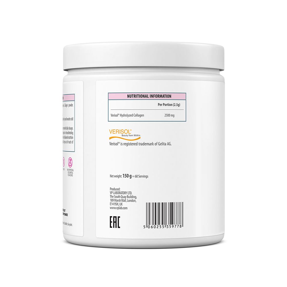 Retro del barattolo bianco. Contiene informazioni nutrizionali e ingredienti. Marchio: VPLAB. Verisol® è un marchio registrato.