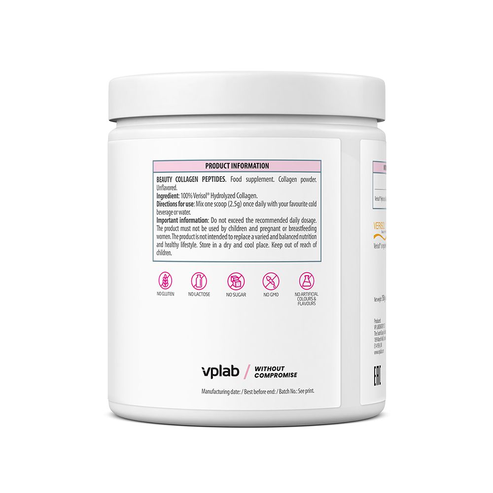 Retro del barattolo bianco. Contiene informazioni sugli ingredienti e l'uso. Marchio: VPLAB. Senza aromi artificiali.