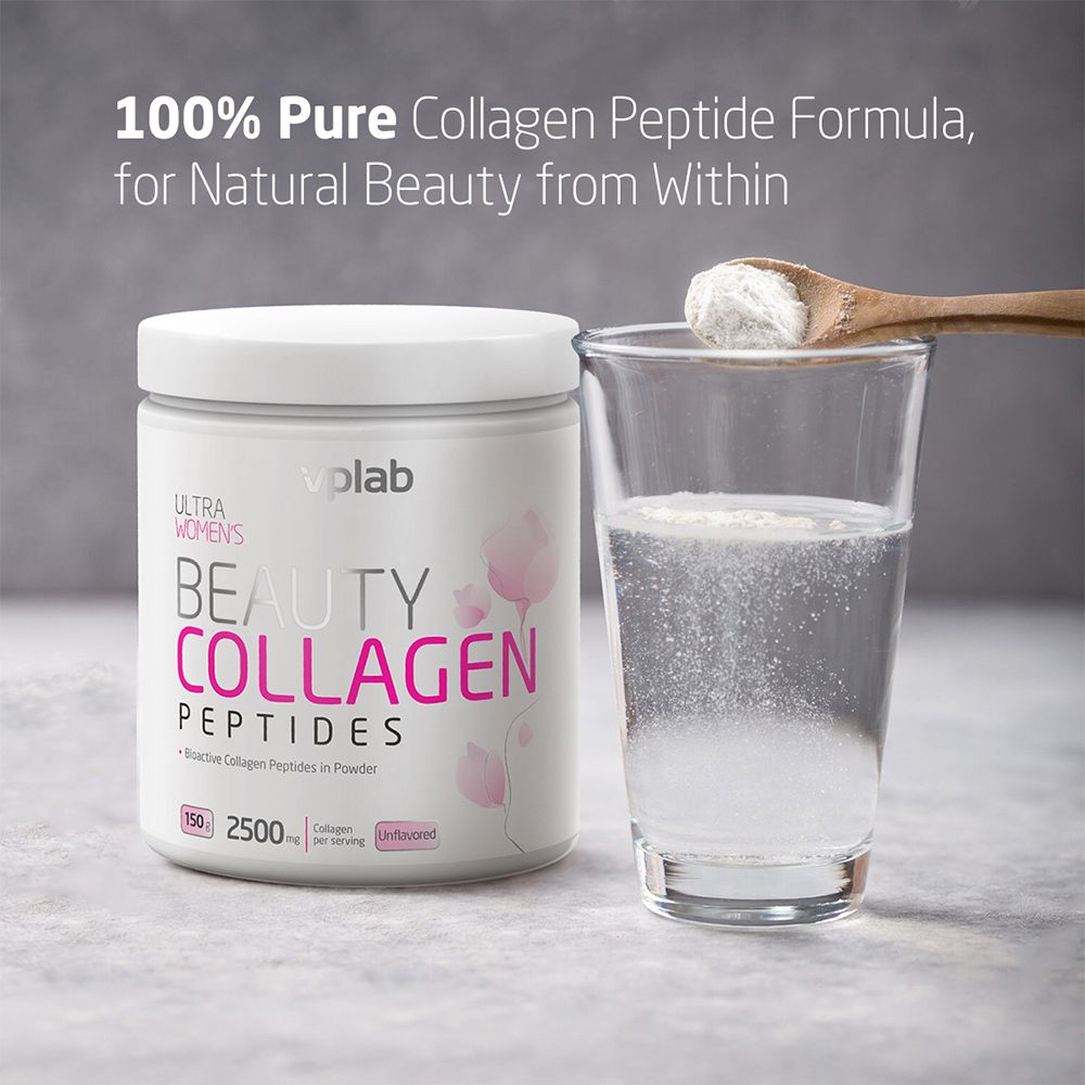 Prodotto bianco con scritta rosa « BEAUTY COLLAGEN PEPTIDES ». Marchio: VPLAB. Un bicchiere d'acqua e un cucchiaio di polvere accanto.