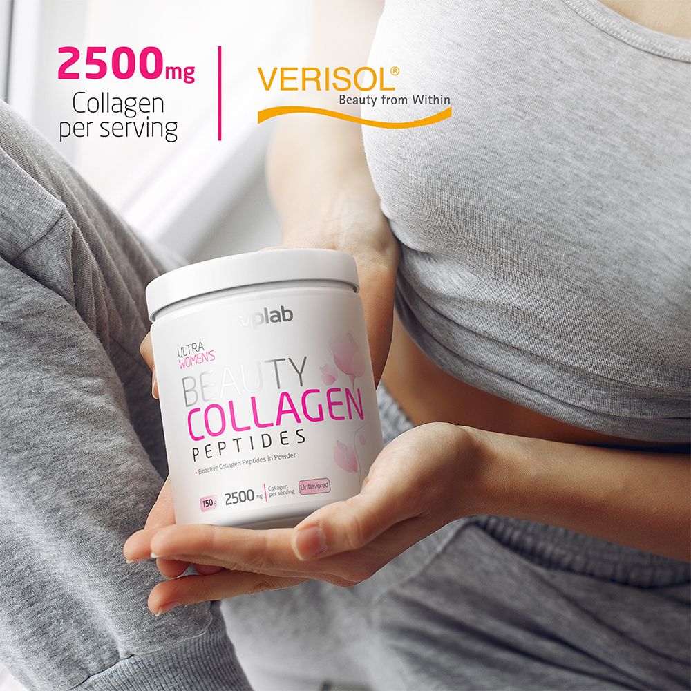 Prodotto bianco con scritta rosa « BEAUTY COLLAGEN PEPTIDES ». Marchio: VPLAB. Donna che tiene il barattolo. 2500mg di collagene per porzione.