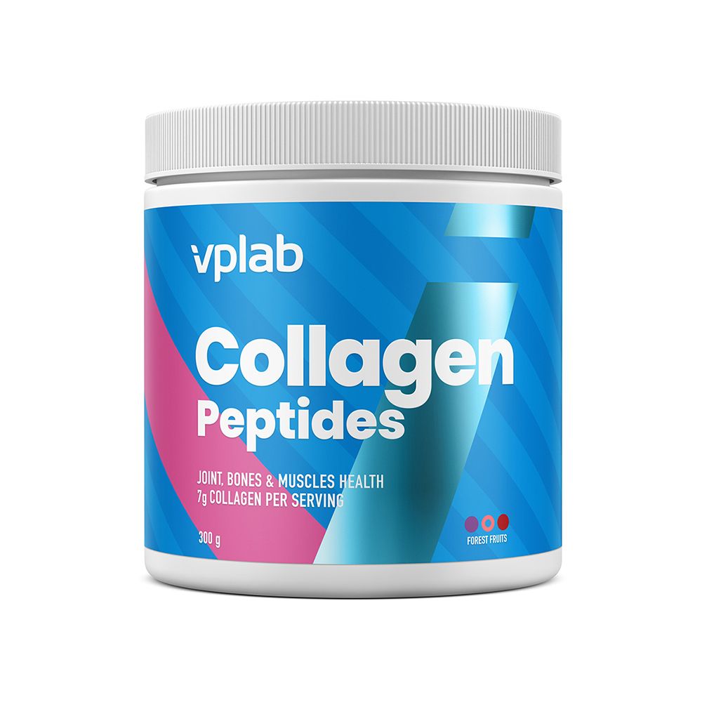 Barattolo bianco con etichetta blu. Scritta: VPLAB Collagen Peptides. Contiene 7g di collagene per porzione. Gusto: Frutti di bosco.