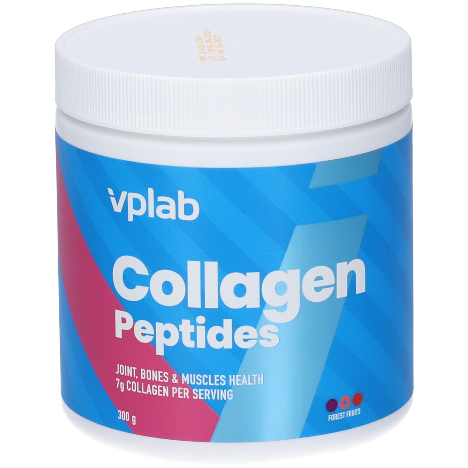 Barattolo bianco con etichetta blu. Scritta: VPLAB Collagen Peptides. Contiene 7g di collagene per porzione. Gusto: Frutti di bosco.