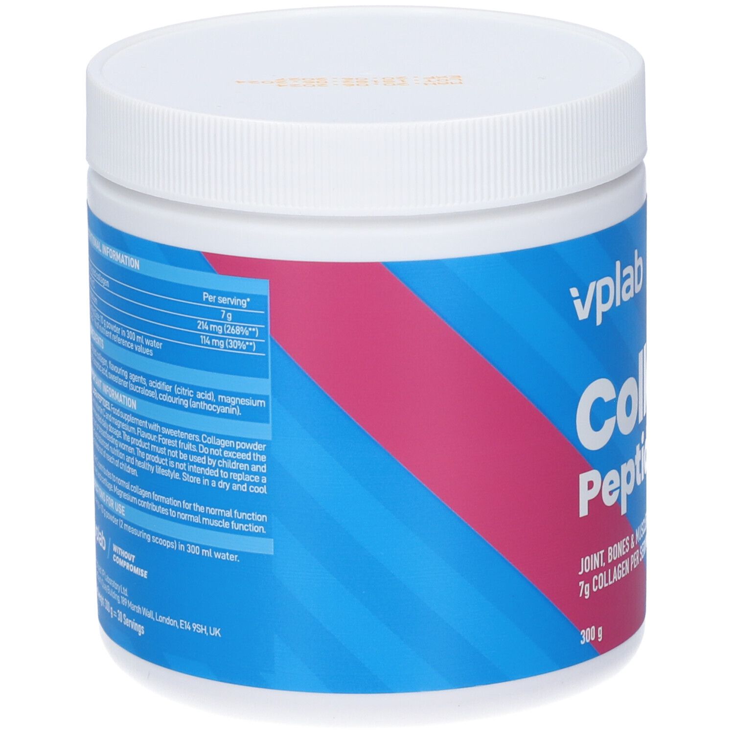 Barattolo con etichetta blu. Scritta: VPLAB Collagen Peptides. Contiene 7g di collagene per porzione. Retro con informazioni.