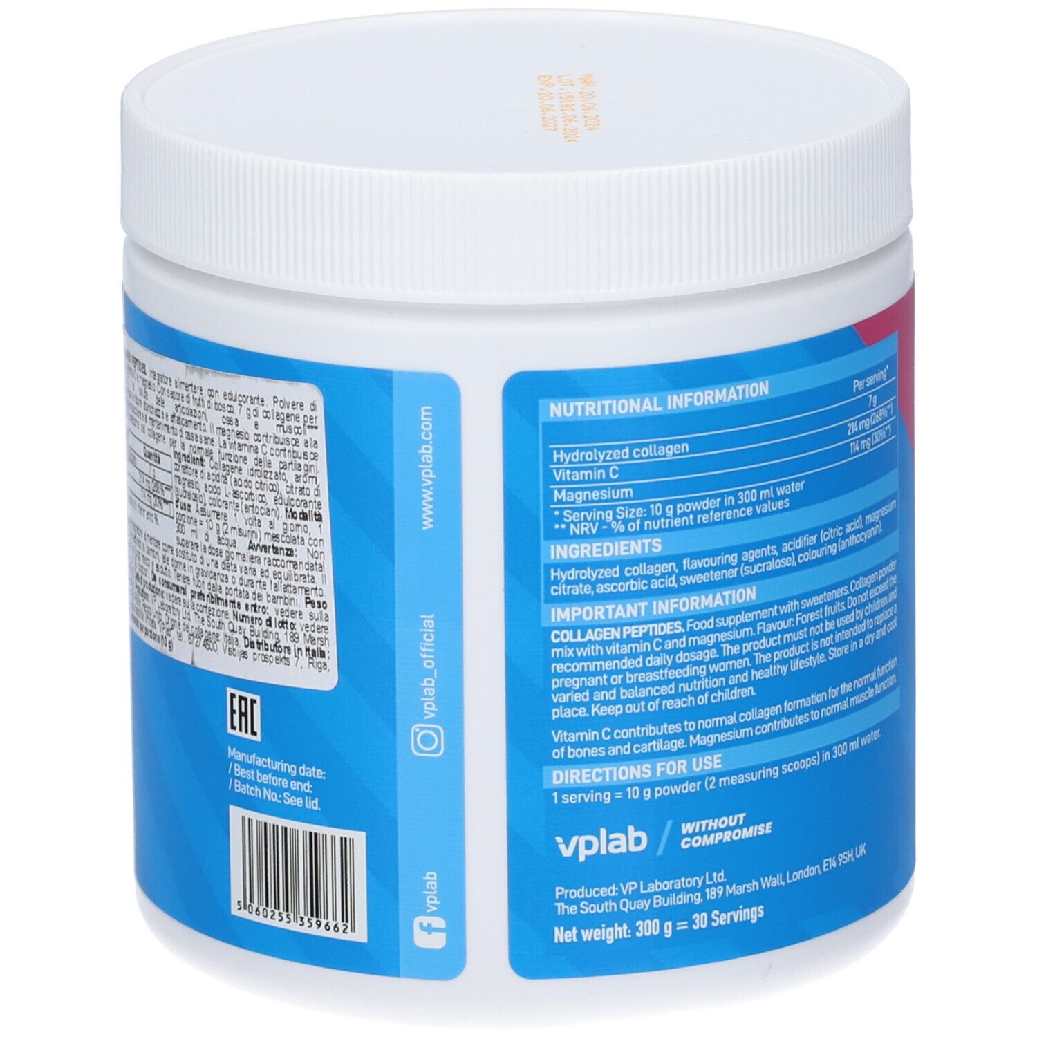Retro del barattolo con informazioni nutrizionali, ingredienti e istruzioni. Marchio: VPLAB. Peso netto: 300g.