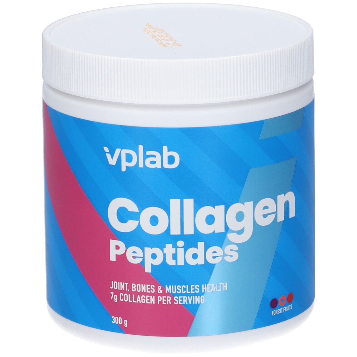 Barattolo bianco con etichetta blu. Scritta: VPLAB Collagen Peptides. Contiene 7g di collagene per porzione. Gusto: Frutti di bosco.