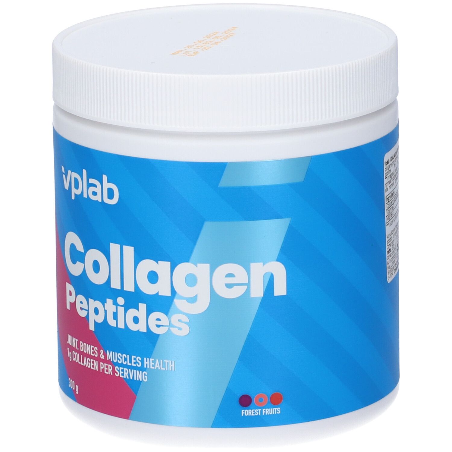 Barattolo bianco con etichetta blu. Scritta: VPLAB Collagen Peptides. Contiene 7g di collagene per porzione. Gusto: Frutti di bosco.
