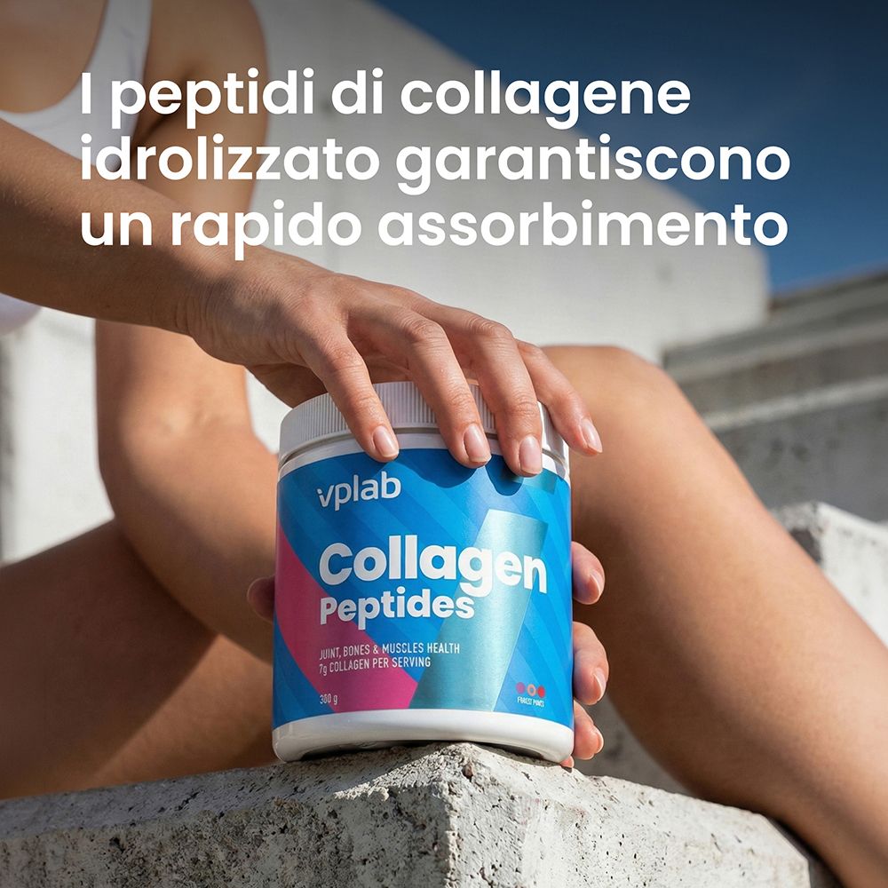 Vplab Collagen Peptides in polvere in un contenitore blu, tenuto da una mano.