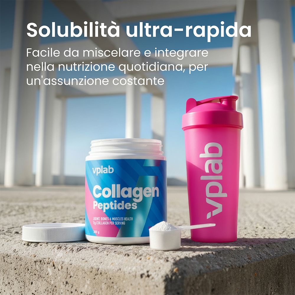 Barattolo Vplab Collagen Peptides con misurino e shaker rosa.