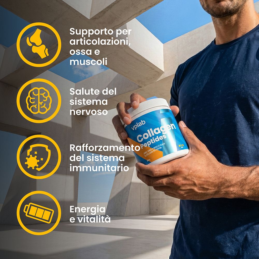 Uomo con barattolo di Vplab Collagen Peptides e icone per articolazioni, cervello, immunità ed energia.