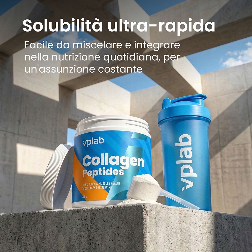 Vplab Collagen Peptides in polvere in uno shaker blu e un misurino.