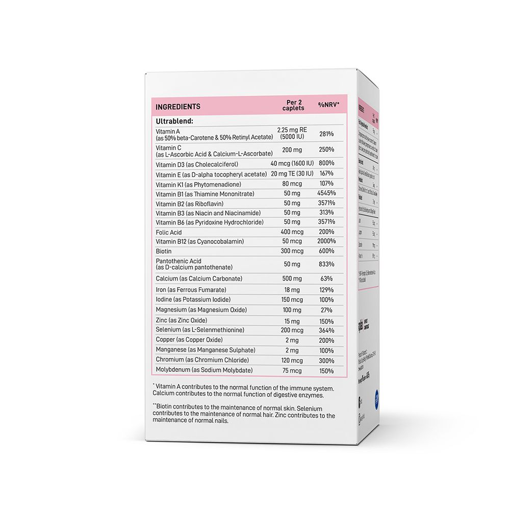 Retro della confezione con ingredienti. Elenco di vitamine e minerali. Testo in inglese.