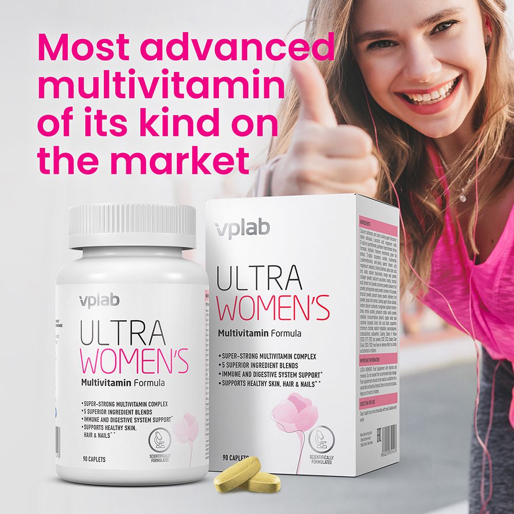 Donna con prodotto e confezione. Prodotto: ULTRA WOMEN'S Multivitamin Formula. Flacone e scatola bianchi.