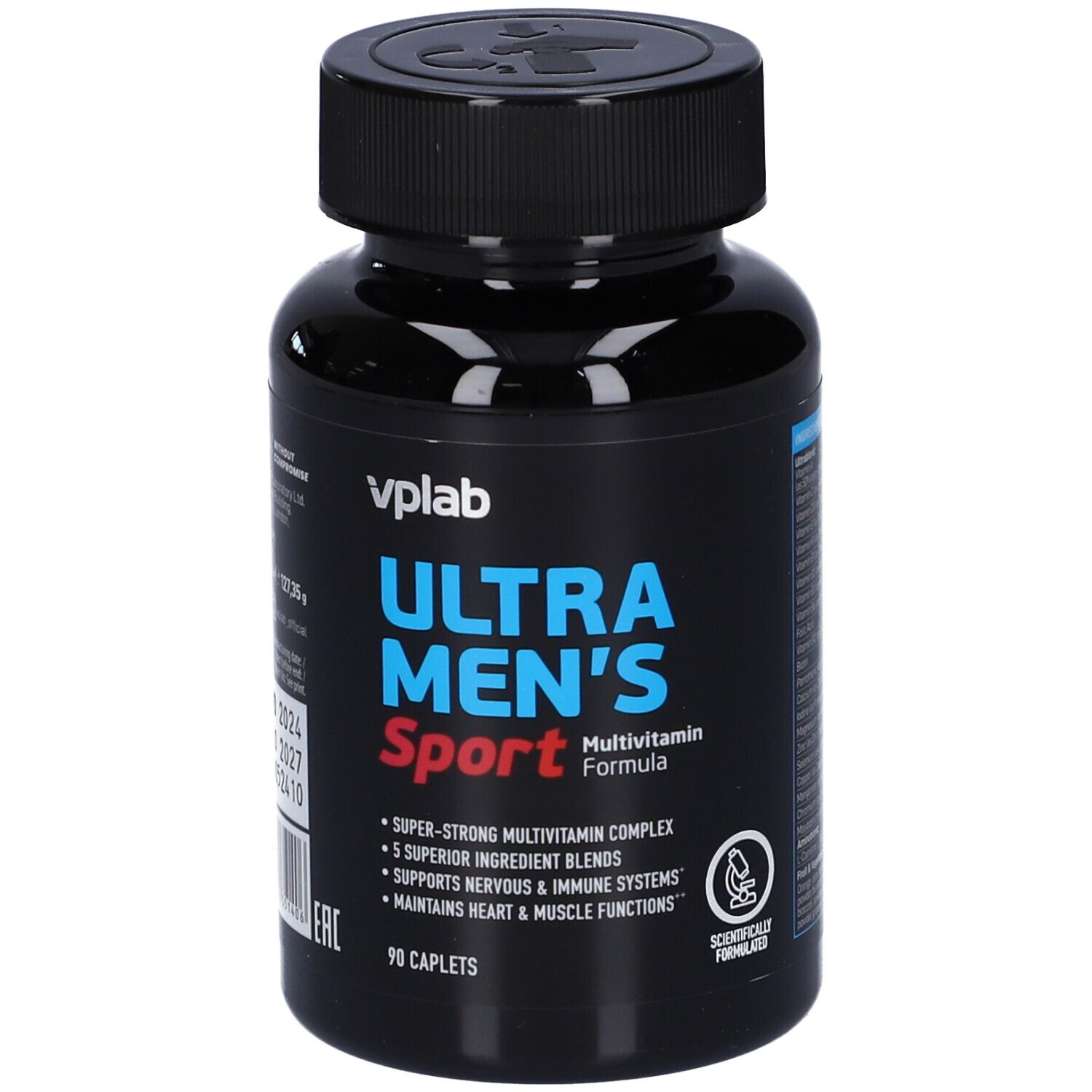 Flacone nero con testo blu e rosso. Contiene 90 capsule. Scritta: ULTRA MEN'S Sport Multivitamin Formula.