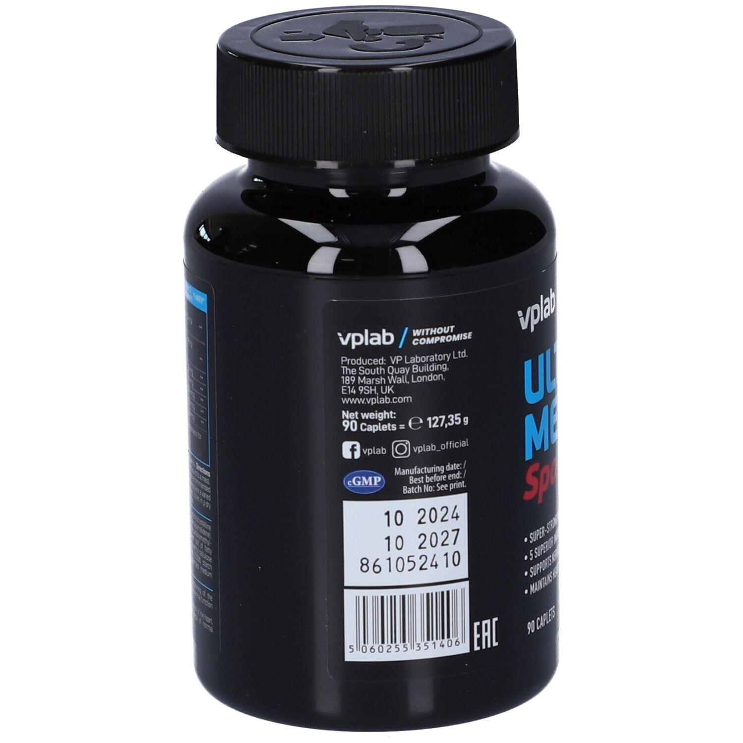 Retro del flacone. Contiene informazioni e data di scadenza. Sfondo nero con testo blu.
