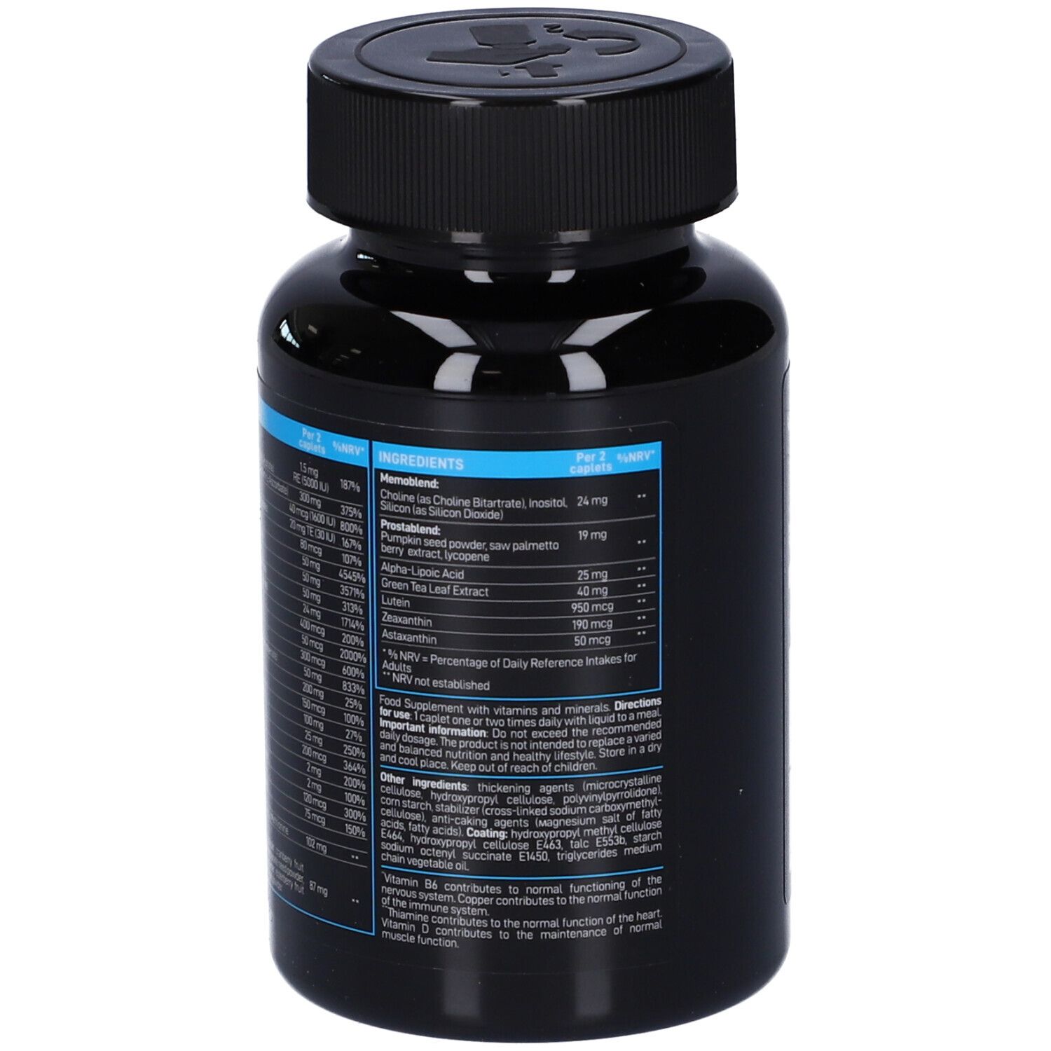 Retro del flacone con informazioni nutrizionali. Sfondo nero con testo blu. Contiene informazioni su vitamine e minerali.