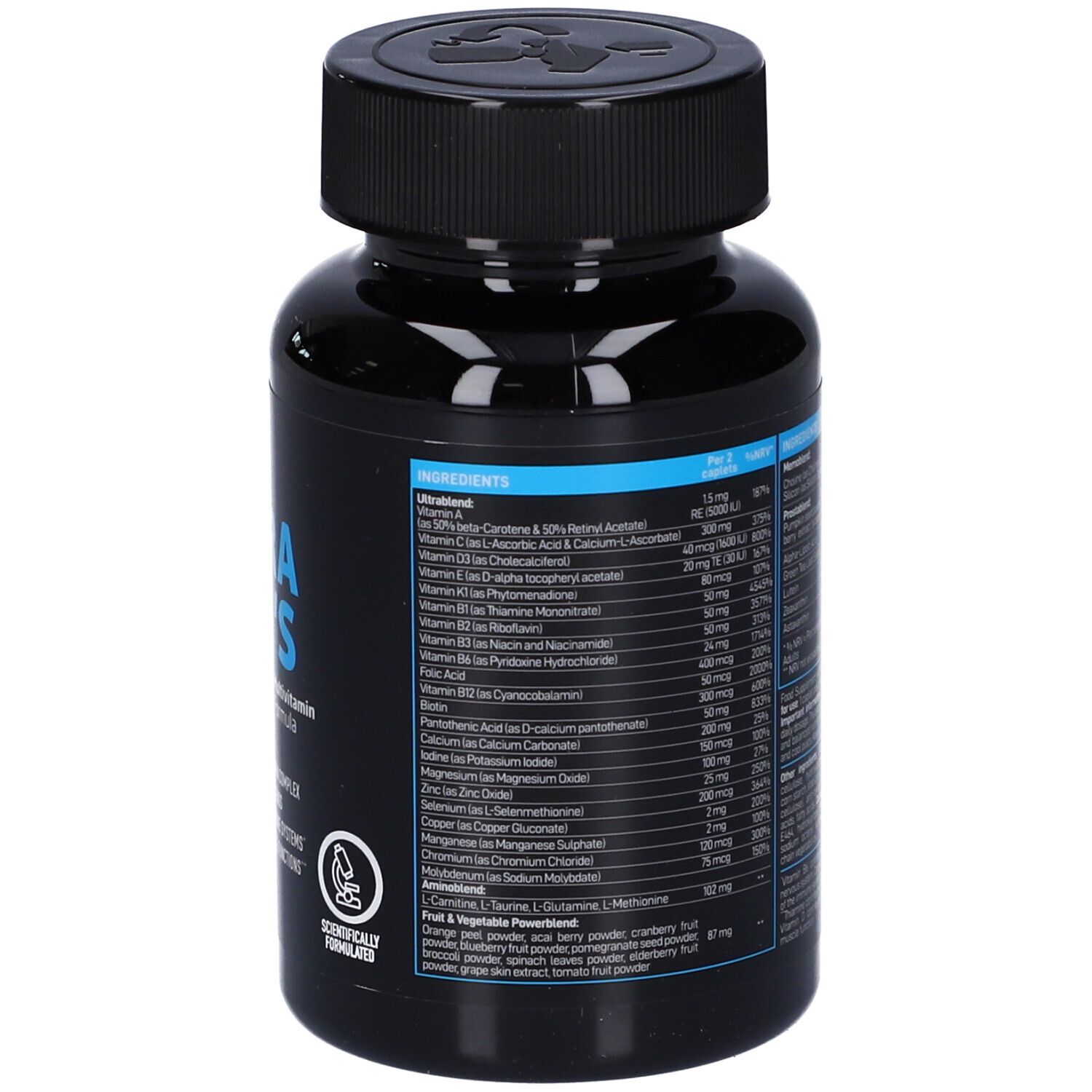 Retro del flacone con informazioni nutrizionali. Sfondo nero con testo blu. Contiene ingredienti.